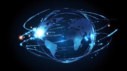 Obraz premium Global Business Concept and Network Connection: Big Data Analytics and Digital Connection Technology with World Map Point and Line Composition, E-commerce and Social Network on a Blue Background