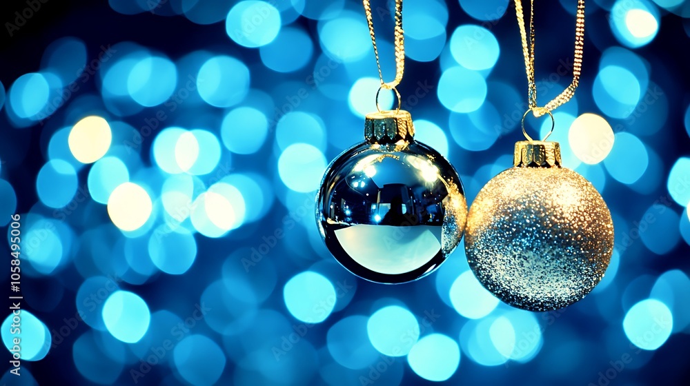 Poster Shiny Christmas Ornaments on Blue Bokeh Background Blank Background with Copy Space for Design Projects