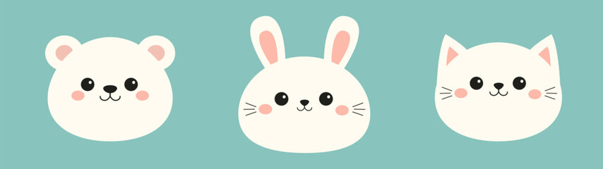 White bear cub, bunny rabbit, cat kitty, kitten round face head icon set. Cartoon funny baby character. Cute kawaii animal. Sticker print. Childish style. Flat design. Isolated Blue background. Vector