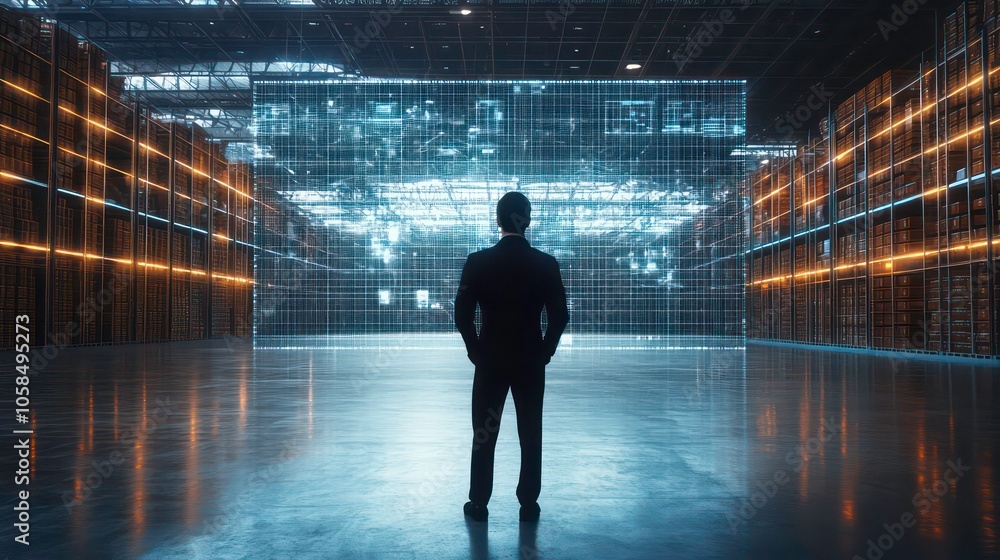 Poster a silhouette of a person stands before a futuristic display in a warehouse setting.