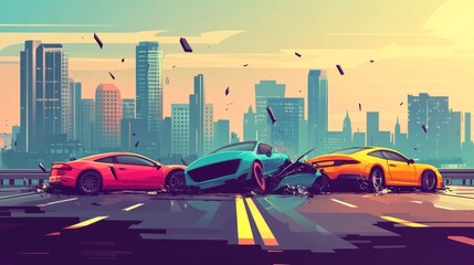 conceptual business illustration, three-car pileup on highway, contrasting bright car colors against subdued cityscape, flat vector design, symbolic representation of automotive industry risks,