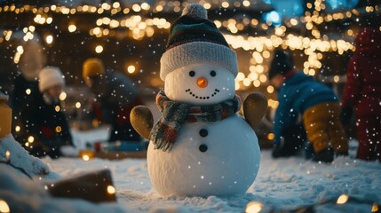 Obraz premium Snowman wearing earmuffs, surrounded by kids building snow forts, Christmas lights twinkling in the background.