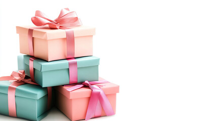 stack of gift boxes. gift boxes with ribbon. christmas gift boxes. boxes on a white background