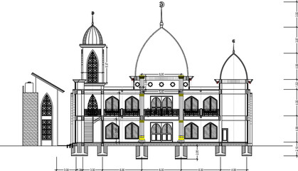 Vector sketch illustration of the silhouette of an architectural drawing of a simple mosque exterior section