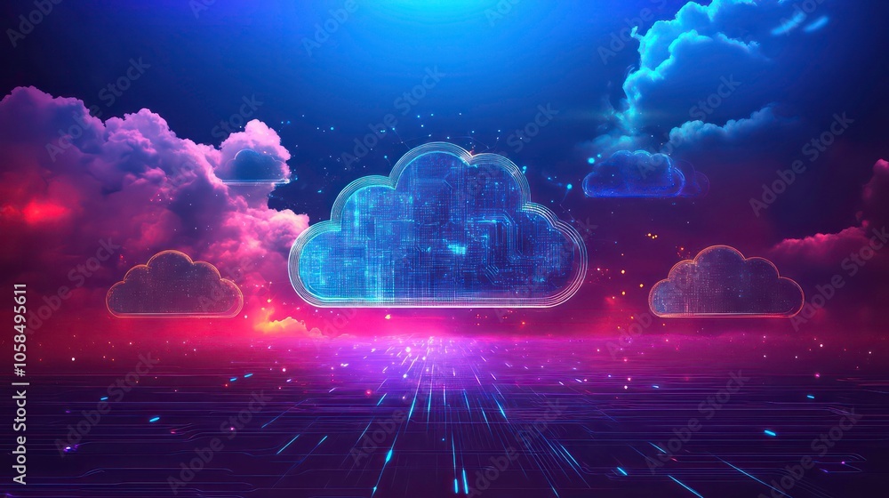 Poster Abstract digital clouds with a futuristic design, depicting data and technology themes.