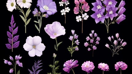 Assortment of vibrant purple flowers including lavender, lilac, and violet blossoms on transparent background


