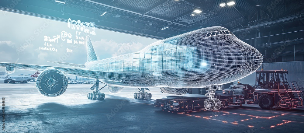 Wall mural high-tech virtual airport features an ar display of a wireframe cargo plane loading.