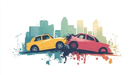 graphic design infographic, colorful compact vehicles colliding, stylized cityscape silhouette, pastel color palette, clean lines, conceptual road safety visual, 2d flat art, negative space usage,