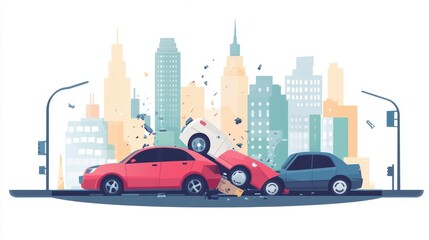 graphic design infographic, colorful compact vehicles colliding, stylized cityscape silhouette, pastel color palette, clean lines, conceptual road safety visual, 2d flat art, negative space usage,