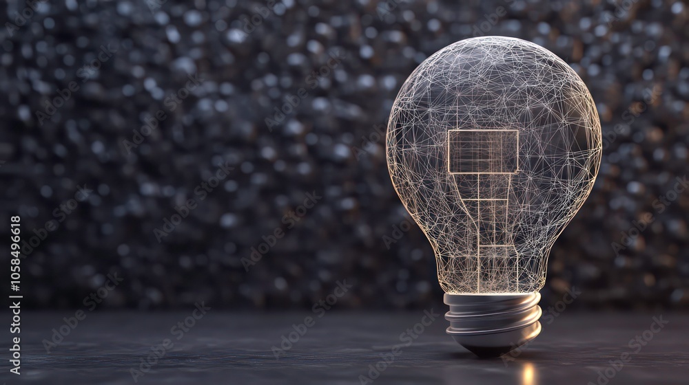 Poster a glowing light bulb with a wireframe design against a textured dark background.