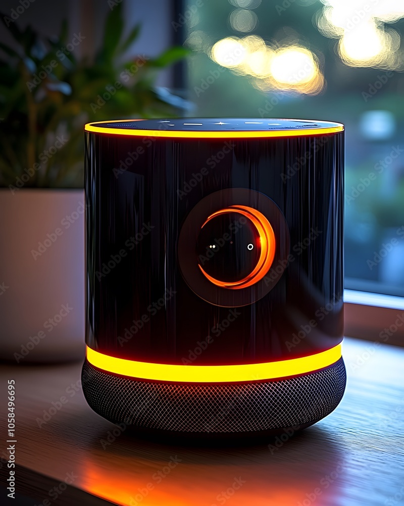 Aufkleber a modern smart speaker with an illuminated design, placed near a window with greenery.