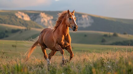 Obraz premium Stunning Golden Horse Running Through Grass Field at Sunset
