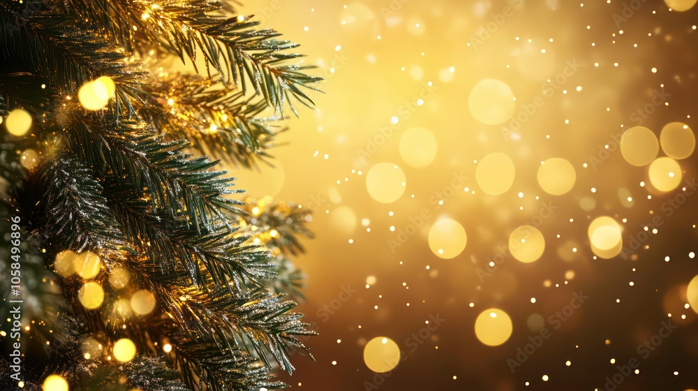 Aufkleber a festive scene featuring a christmas tree with golden bokeh lights in the background.