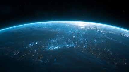 Obraz premium Futuristic Cityscape on a Blue Planet Smooth Blue Background with Copy Space for Advertisements