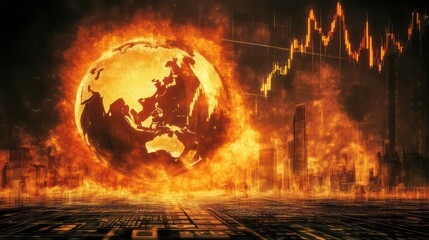A fiery representation of Earth with a city skyline and financial graph, symbolizing global issues.