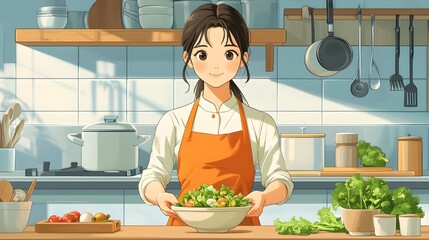 Young asian woman chef cooking preparing a food wearing uniform in kitchen at home restaurant. Cute watercolor illustration, lofi anime girl manga style, modern 3d digital artwork background banner.