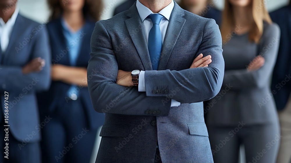Poster confident businessman leading team plain textured background for web design and copy