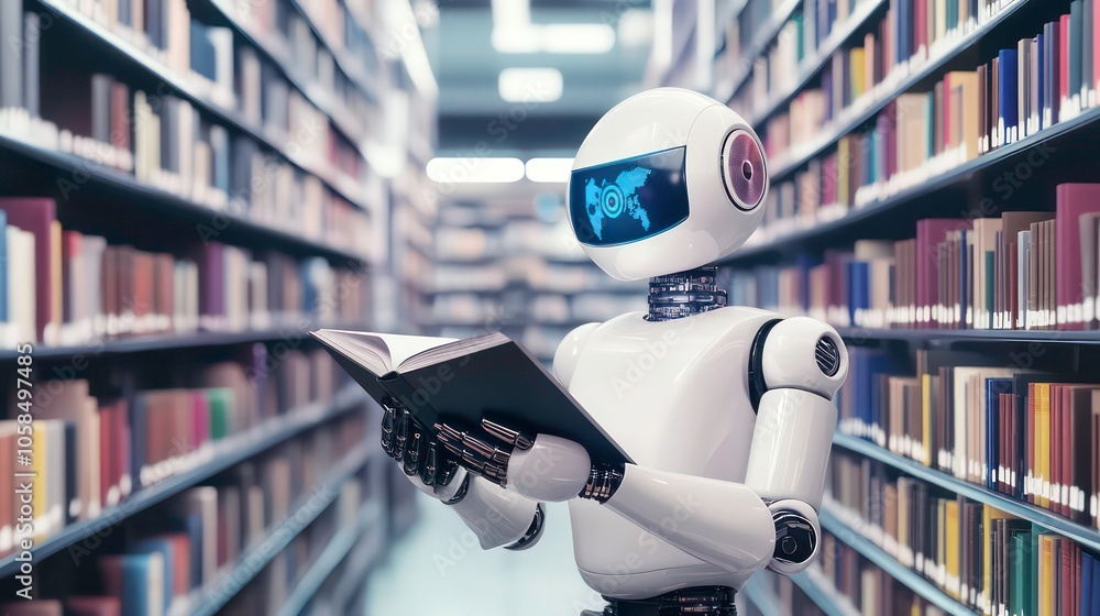 Poster a robot reading a book in a library filled with bookshelves.