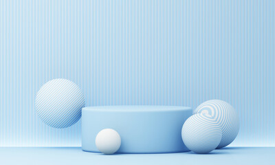 Minimalist product stand in soft blue tones featuring geometric spheres with striped patterns, creating a serene and modern atmosphere ideal for product displays. 3d rendering