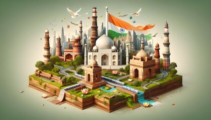 A 3d rendered blend of iconic monuments like the Taj Mahal, Qutub Minar, and Hawa Mahal with modern urban infrastructure. Traditional temples and forts are seamlessly connected.