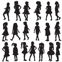  Collection of children silhouettes girls set, vector illustration