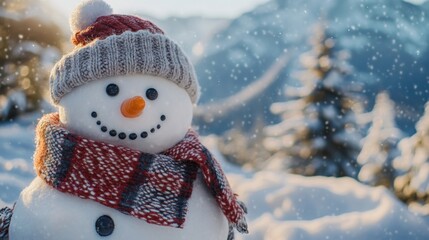 Snowman with a woolen scarf and hat, with a snowy mountain backdrop and room on the left for copy space.
