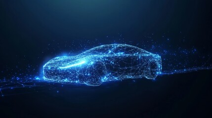 Fototapeta premium plexus network forming car shape, ethereal blue light emission, abstract tech representation, digital transformation in automotive industry, low poly style
