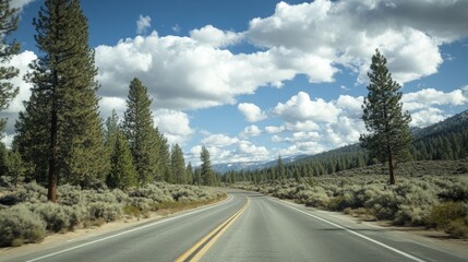 Naklejka premium scenic drive through sierra nevada landscape, first-person view from moving vehicle, evergreen trees lining roadside, expansive sky with fluffy clouds, sense of speed and adventure