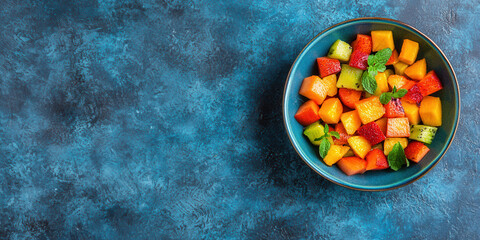 Fresh fruit salad in blue bowl with mint leaves, vibrant colors