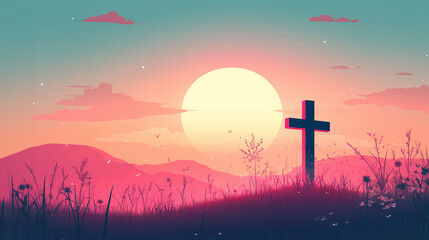 Holy Saturday background theme, with cross and sunset dawn sunrise background, simple illustration style