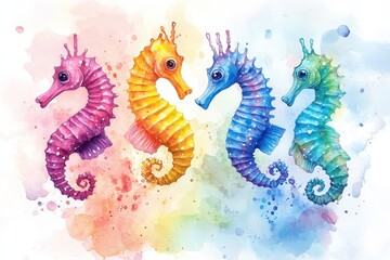 Fototapeta premium Four Watercolor Seahorses on a Rainbow Background