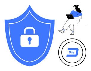 Obraz premium Large blue shield with a padlock, woman using a laptop, and a Buy button icon. Ideal for cybersecurity, online protection, e-commerce, secure transactions, digital safety, data privacy, and online