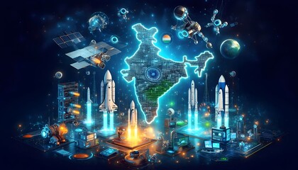 A 3d rendered futuristic vision of India’s achievements in space and science, like ISRO’s missions and startups. Rockets and satellites launch from a glowing map of India.