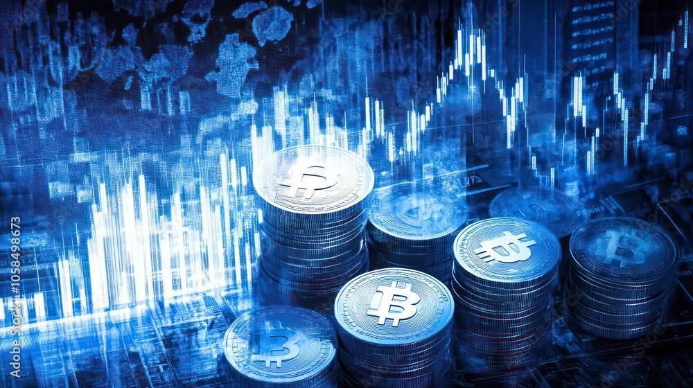 Aufkleber Digital representation of cryptocurrency with coins and a fluctuating graph background.