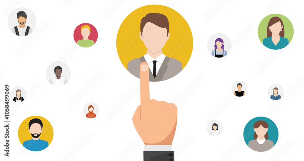 Poster business process management and automation concept with person moving wooden pieces on flowchart dia