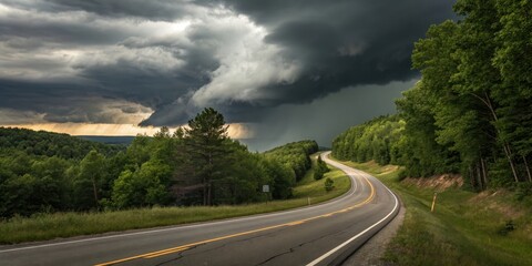 A Serene Country Road Winds Through Lush Greenery Underneath a Dramatic, Impending Storm Cloud
