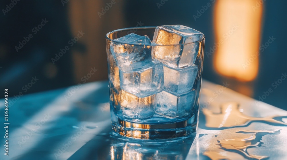 Poster refreshing ice cubes in a glass on a table