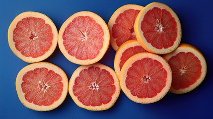 A collection of pink grapefruit slices arranged against a vibrant blue background, highlighting the fresh and juicy texture of the pink grapefruit. Ideal for food photography with ample copy space.