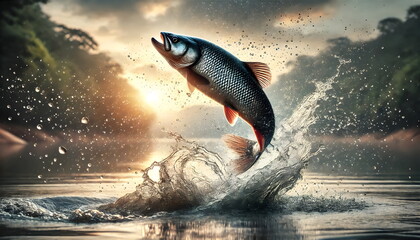 Obraz premium Fish Leaping Out of Water at Sunset