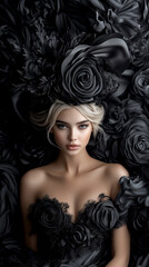 Fototapeta premium A woman is wearing a black dress with a flowery design and a black hat. She is standing in front of a wall of black roses