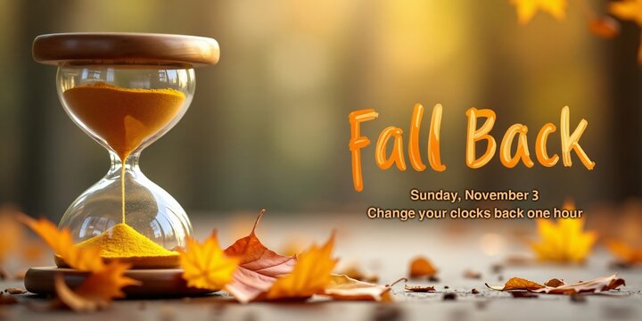 Fall Back: Daylight Saving Time Ends - Info Banner with Clock Instructions to Turning Clock Back One Hour on November 3, 2024, with Reminder on Border: Set Your Clocks Back One Hour.