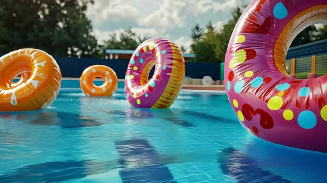 Colorful donut pool floats bob in a clear blue pool on a sunny summer day