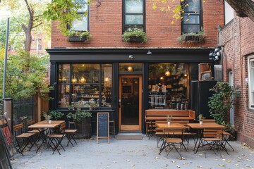 Charming Urban Coffee Shop with Inviting Outdoor Seating and Brick Facade