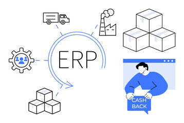 Central ERP connected with icons of logistics truck, factory, inventory blocks, gear with people symbol, and man offering cashback. Ideal for business management, logistics, inventory control