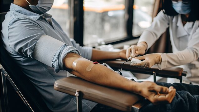 National blood donor month concept with medical professional in action and copy space for awareness campaigns