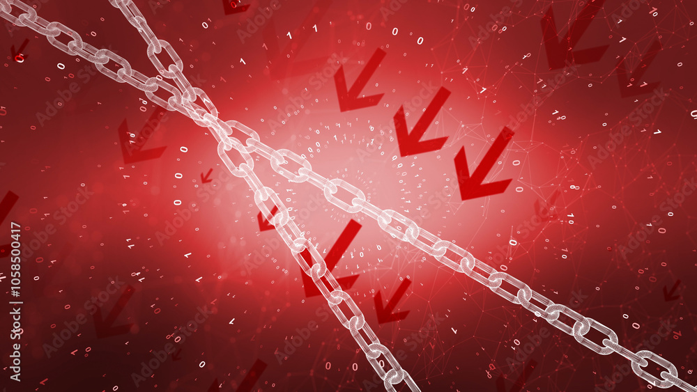 Poster binary code with down pointed arrows and chains illustration. concept business recession background.