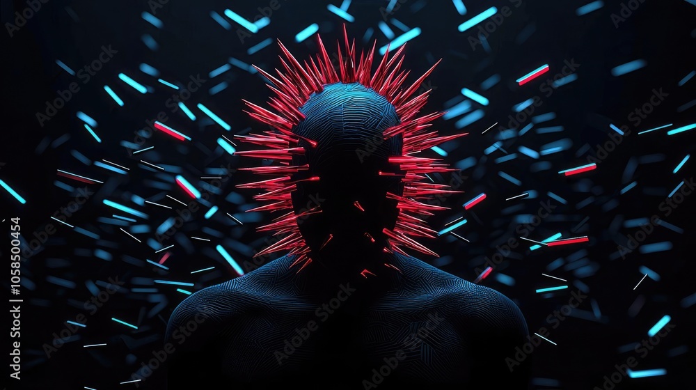 Poster silhouette of a figure with spikes, surrounded by colorful particles, dark background.