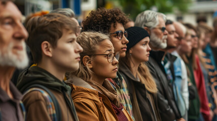 Fototapeta premium A mix of young and older people patiently waiting in line.
