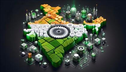 A 3d rendered theme where different industries (like agriculture, tech, manufacturing) are represented using India’s national colors. Green fields and crops flow into white tech hubs and saffron-color