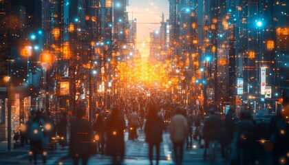 Vibrant Urban Crowd Navigating Digital Disruption Amidst City Glow